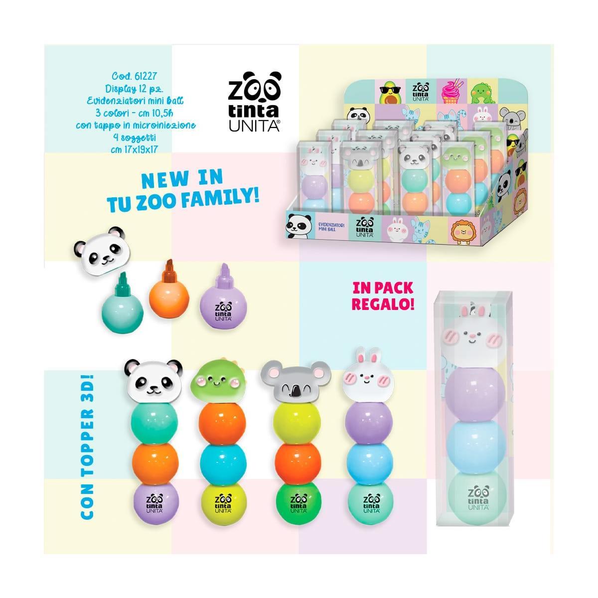 Evidenziatori mini ball 3 in 1 tinta unita zoo